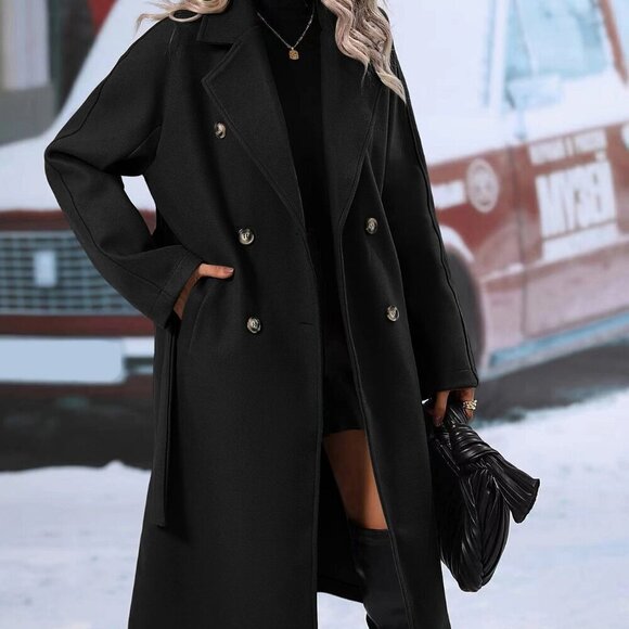 Women's Double Breasted  Lapel Neck Belted jacket Overcoat Black - Picture 4 of 6